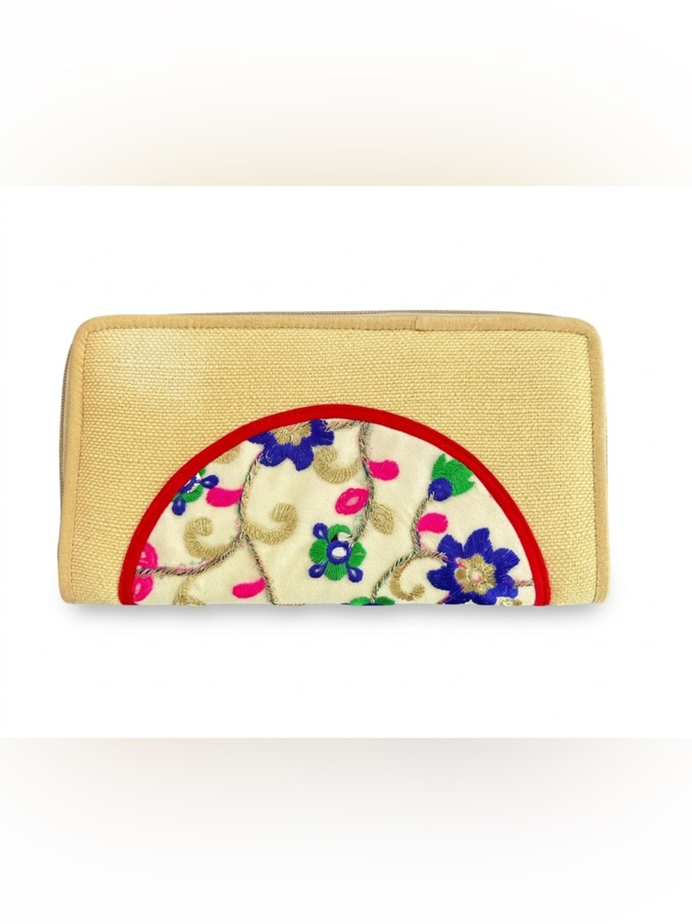 AARONG Bangladesh Embroidered Boho Floral Jute Wallet NWOT